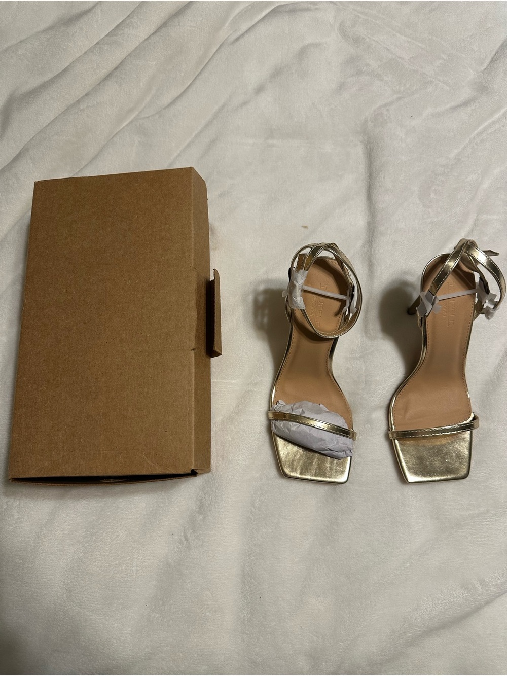 Metallic Gold Ankle-Strap Square-Toe Heeled Sandals